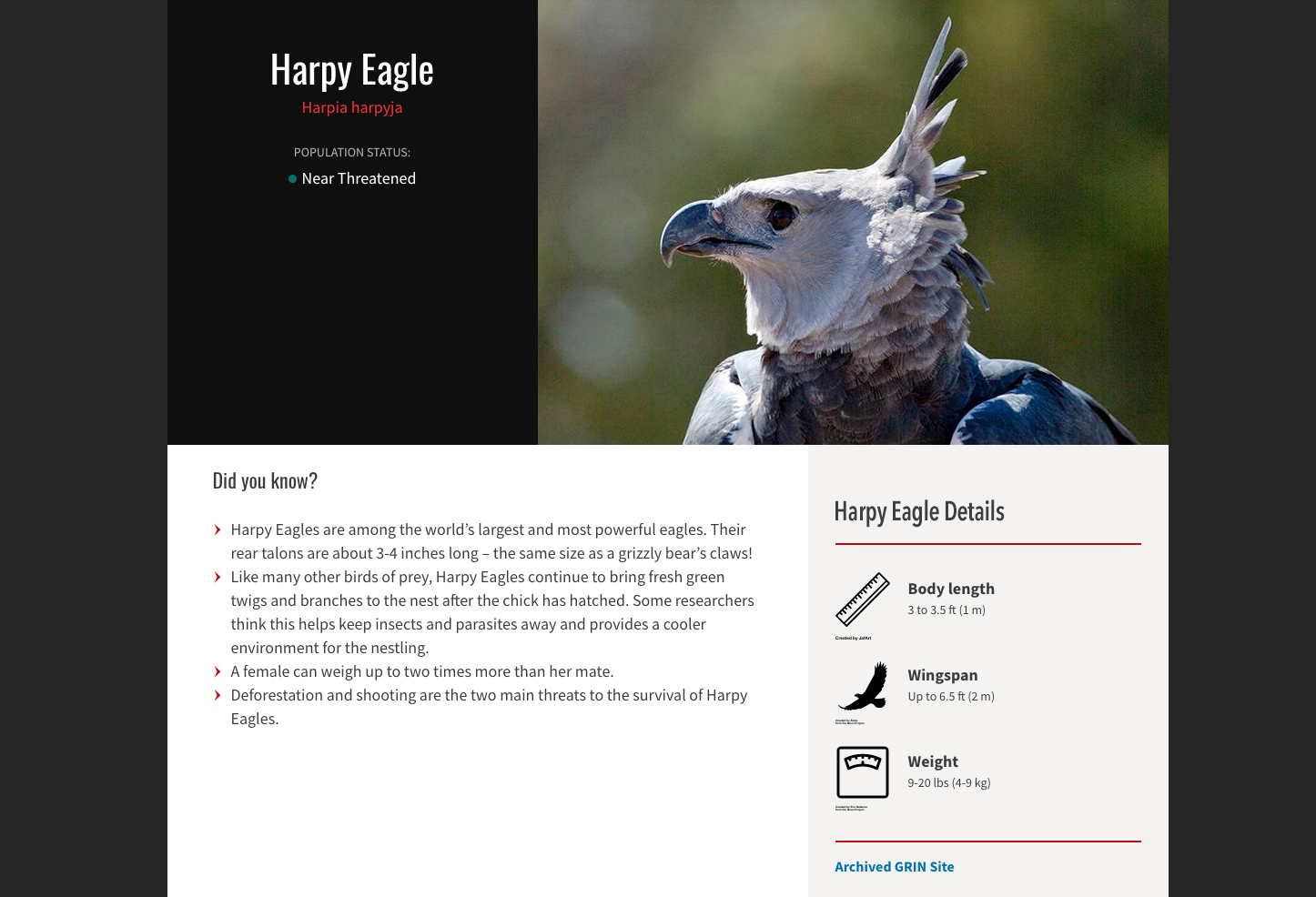 Screenshot of GRIN website's profile of the Harpy Eagle
