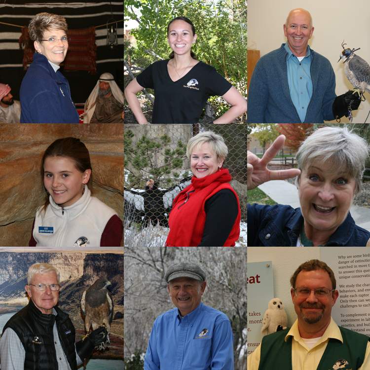 A collage of some the World Center for Birds of Prey's volunteers