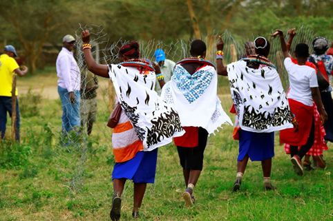 Women in northern Kenya learn how to build fences to protect livestock from predators