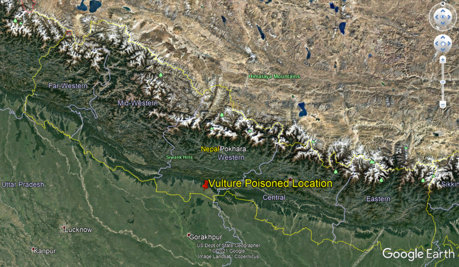 A Google Earth map shows where in Nepal the vulture poisoning occurred