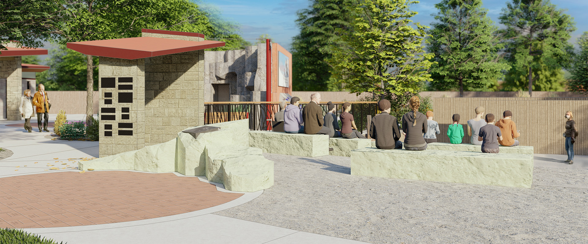 A rendering of the outdoor classroom showcasing the benches and bricks