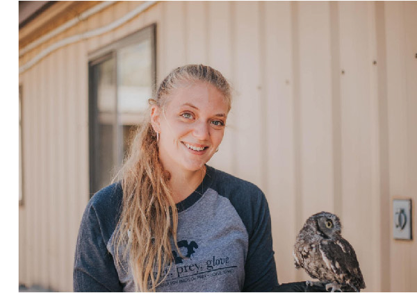 Heather Morris holding a Western Screech Owl