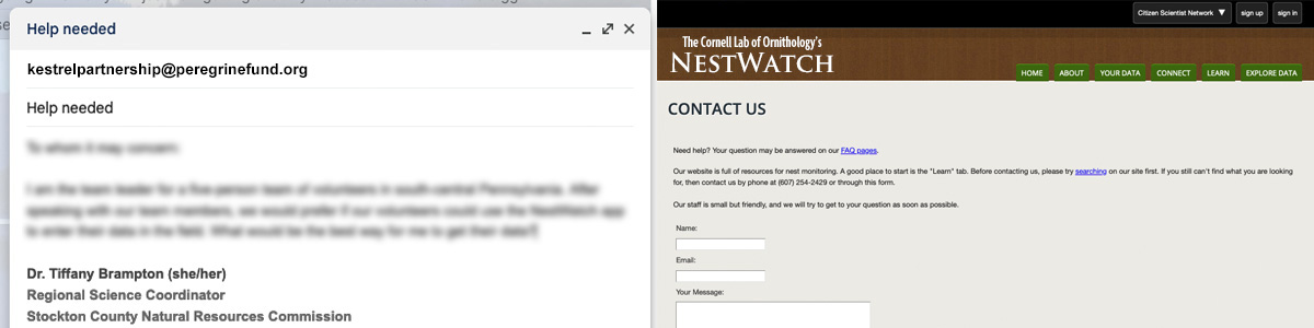 Screenshots of the ways to contact the AKP and NestWatch teams for help
