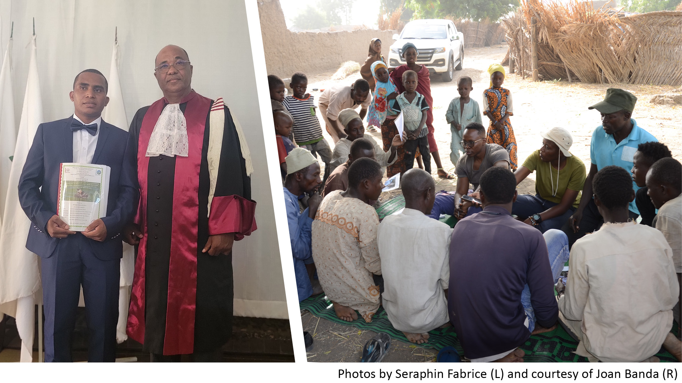 Two photos: left shows a student posing with his diploma and his advisor; right shows a scientist speaking to a community