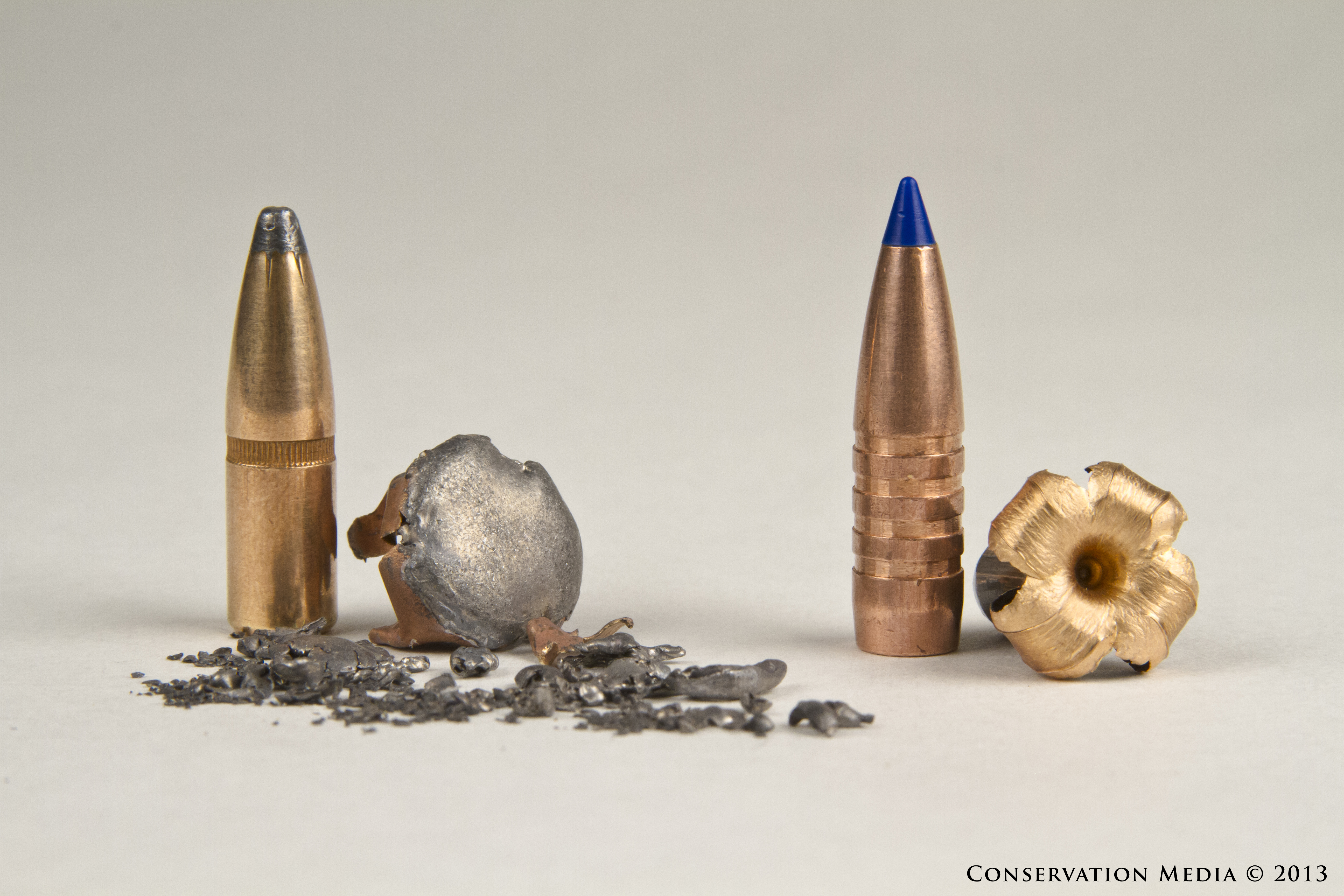 After impact, a lead bullet (left) and a copper bullet (right)