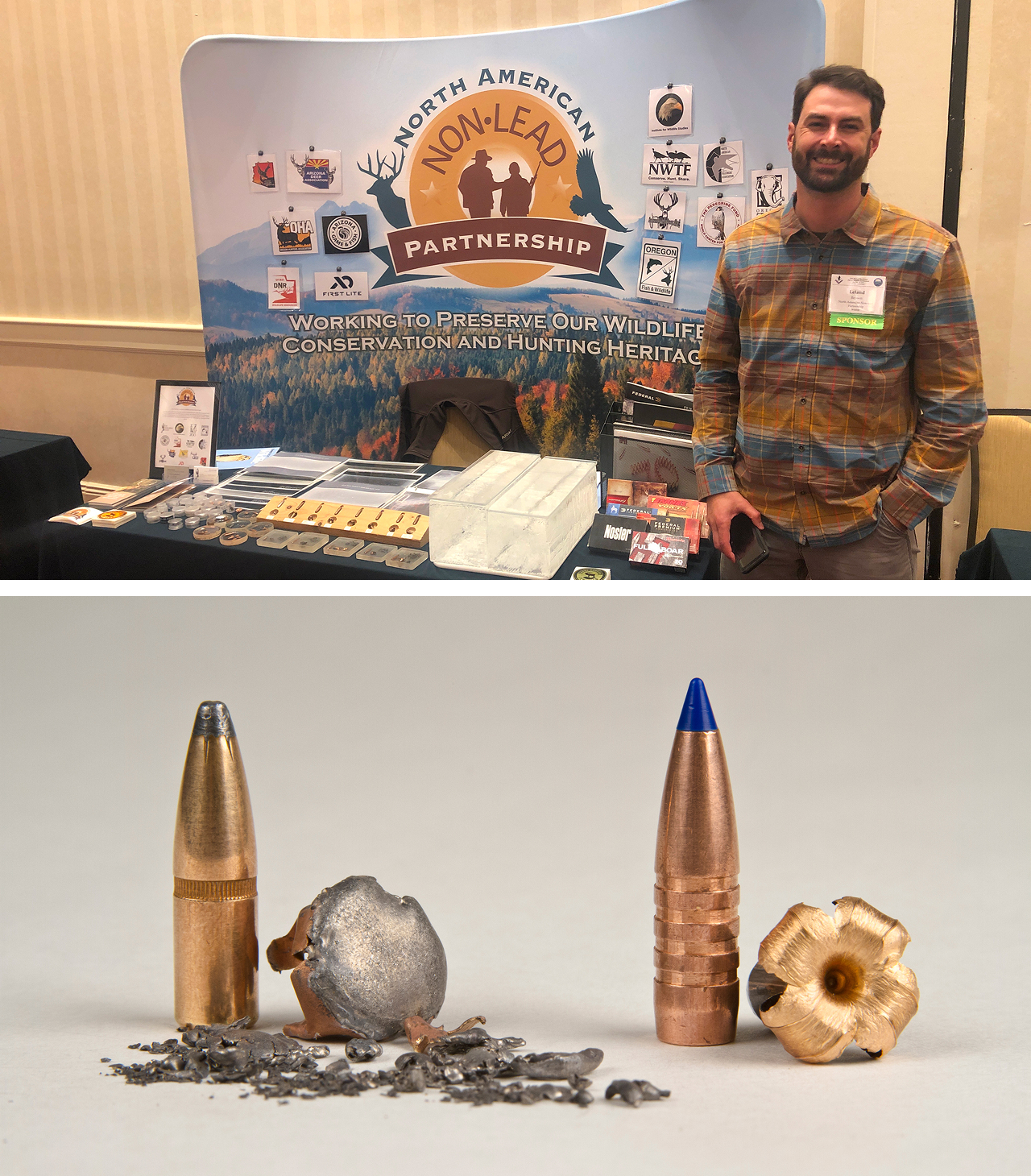 Two photos: top is a smiling man standing next to a display at a conference; bottom is closeups of two intact and fragmented bullets