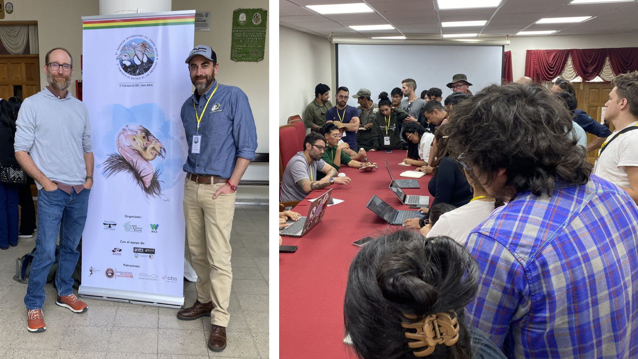 Two photos. Left shows Evan Buechley and Tim Hauck posing next to a conference banner. Right shows a collection of scientists gathered around a table during a workshop at the conference.