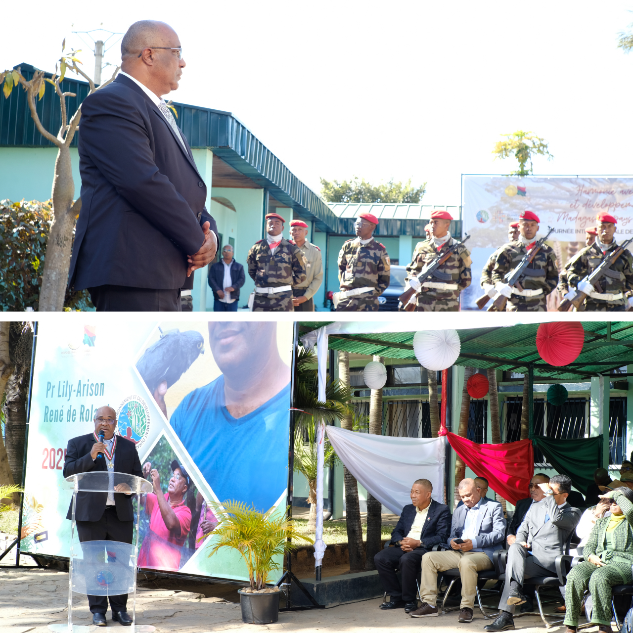 Two images. Top shows Dr. Lily-Arison René de Roland standing with soliders visible in the background. Bottom shows him speaking as part of the ceremony where he was awarded the title of “National Order of Madagascar” with the rank of “Commander.”