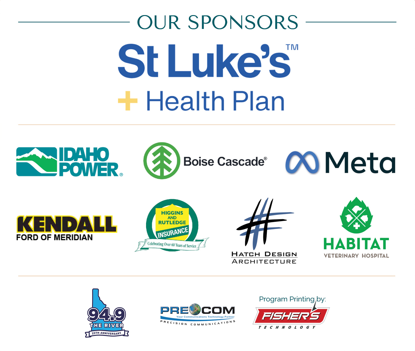 2025 Fall Flights sponsors logos from top to bottom include St. Luke's Health Plan, Idaho Power, Boise Cascade, Meta, Kendall Ford of Meridian, HIggins and Rutledge Insurance, Hatch Design Architecture, Habitat Veterinary Hospital, 94.9 The River, PreCom, Fishers Technology