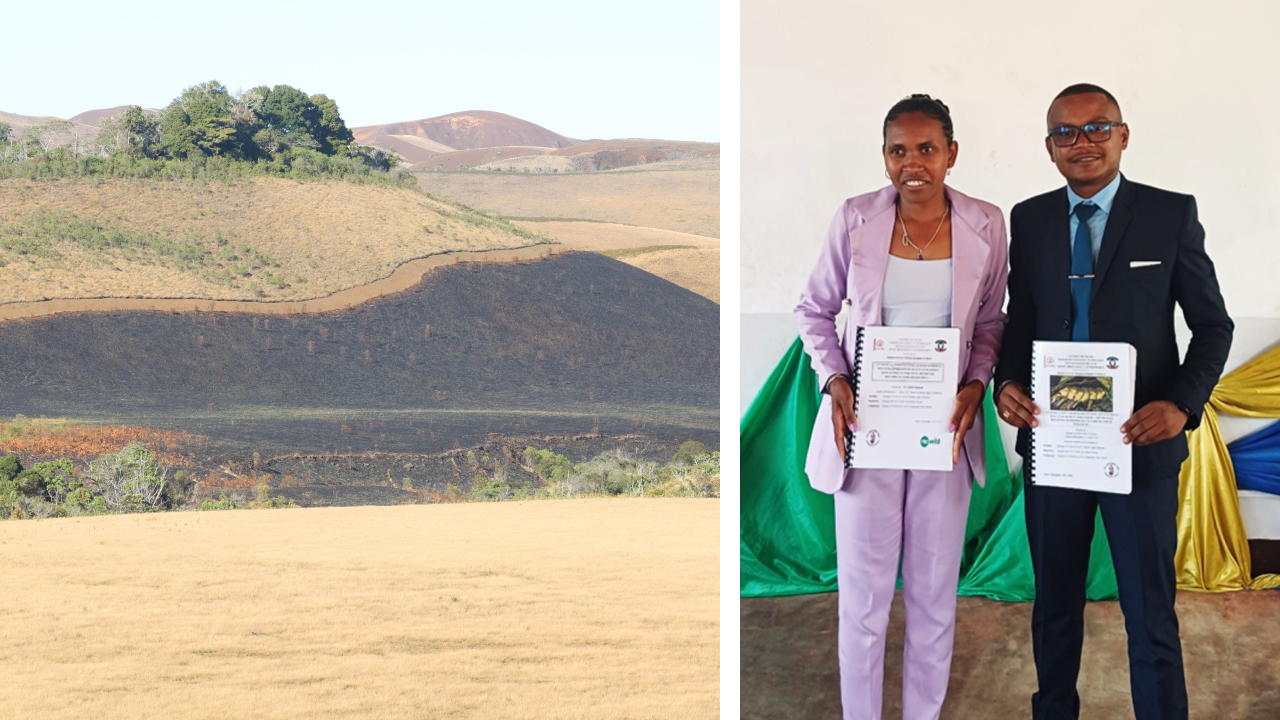 Two photos. Left shows a firebreak on a distant hill. Right shows two recently graduated students posing while holding their diplomas.