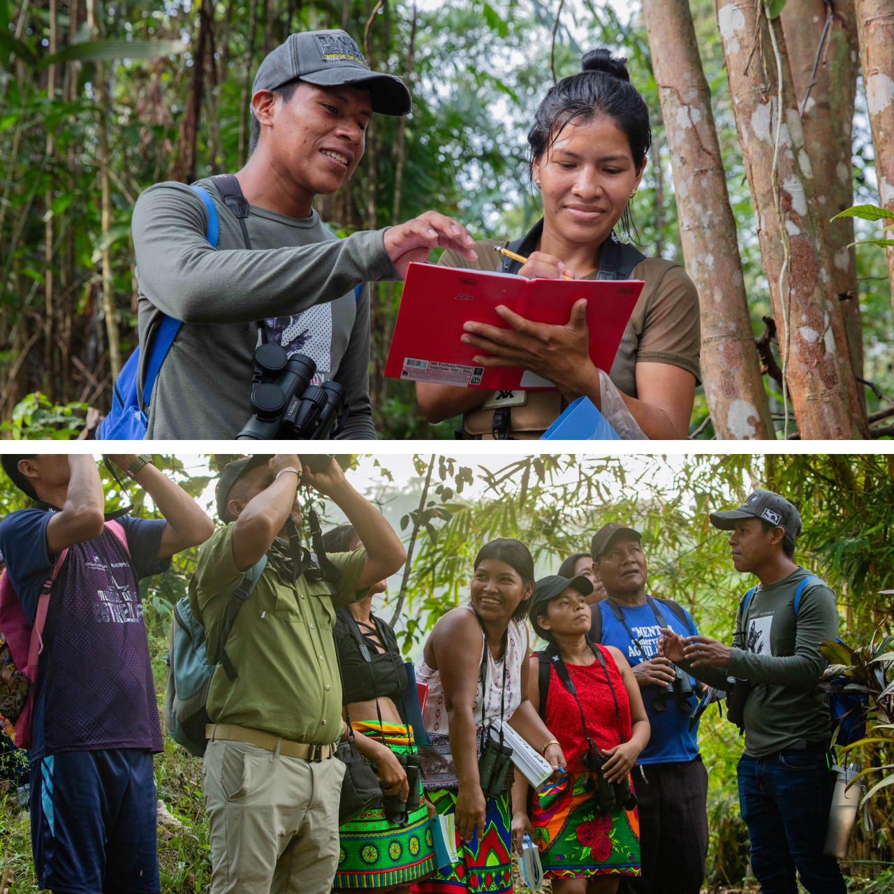 Two photos. Top shows trainer Lilin Osorio pointing out something in a field guide to a workshop attendee. Bottom shows a row of attendees; most are looking at something, while one woman smiles at the others.
