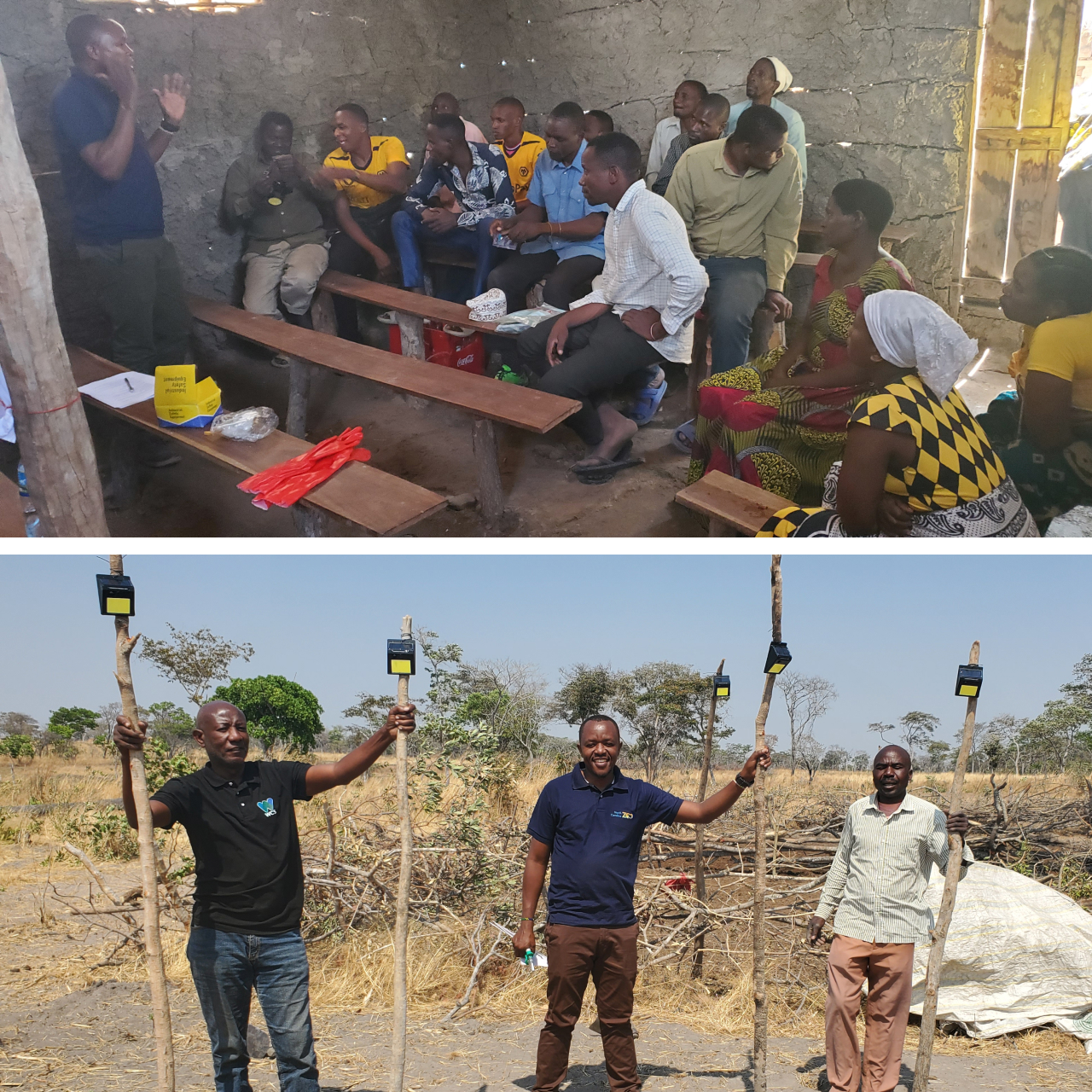 Two photos. Top shows a presentation nabout the dangers of poisoning to a community gathering. Bottom shows several people holding predator-deterrent lights.