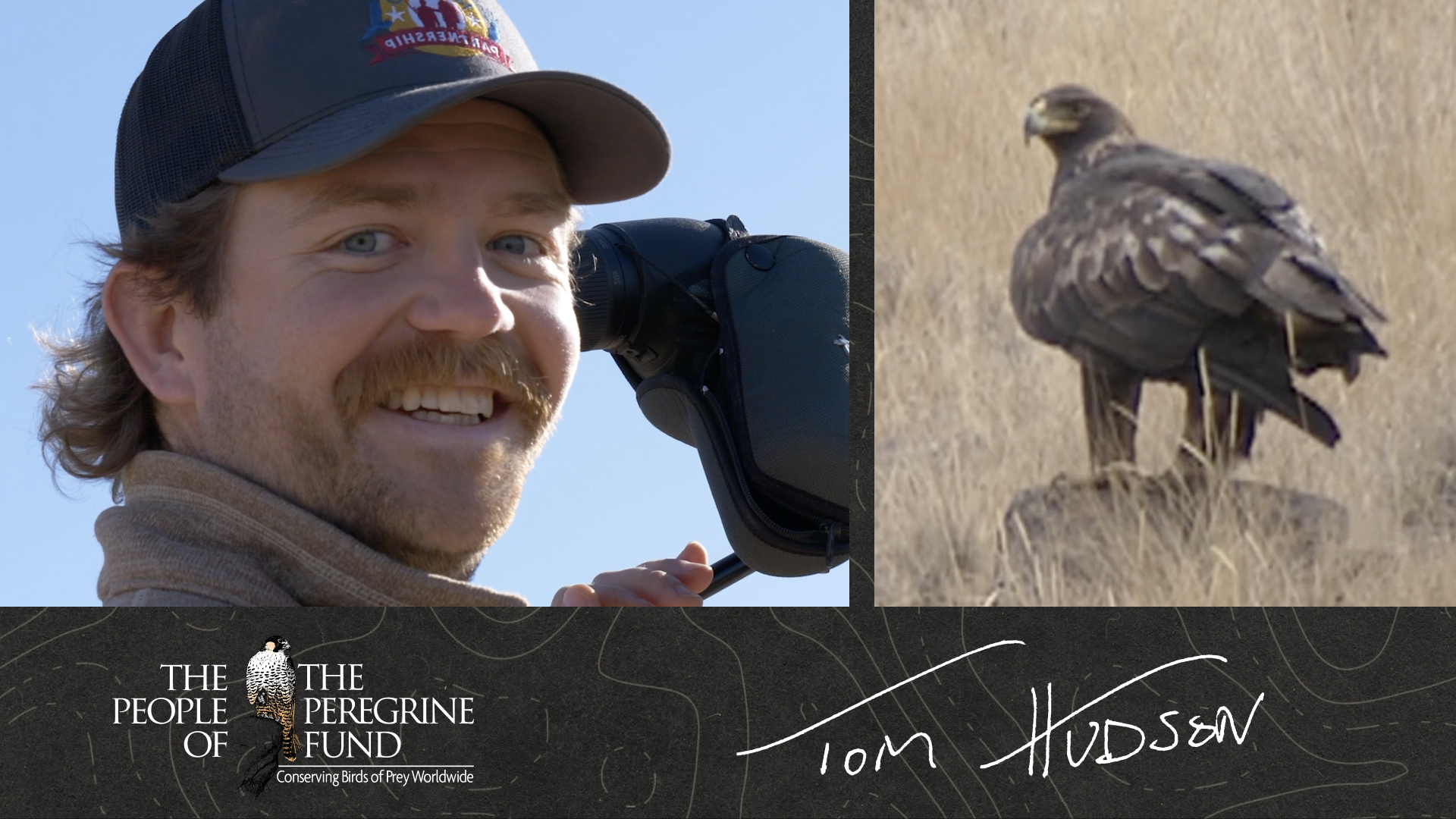 Two photos. Left shows biologist Tom Hudson smiling at the camera and holding a spotting scope. Right shows a Golden Eagle sitting in a grassy field. Overlaid is The Peregrine Fund's logo and Tom's signature.