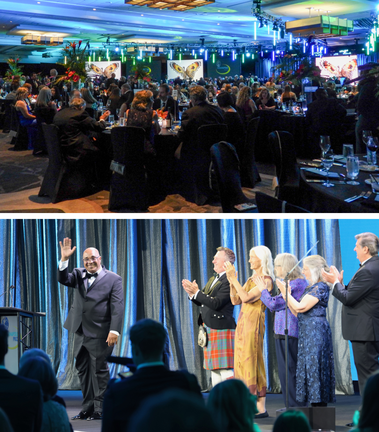 Two photos. Top shows attendees at the Gala from far away. Bottom shows Lily on stage waving as the other finalists applaud behind him.