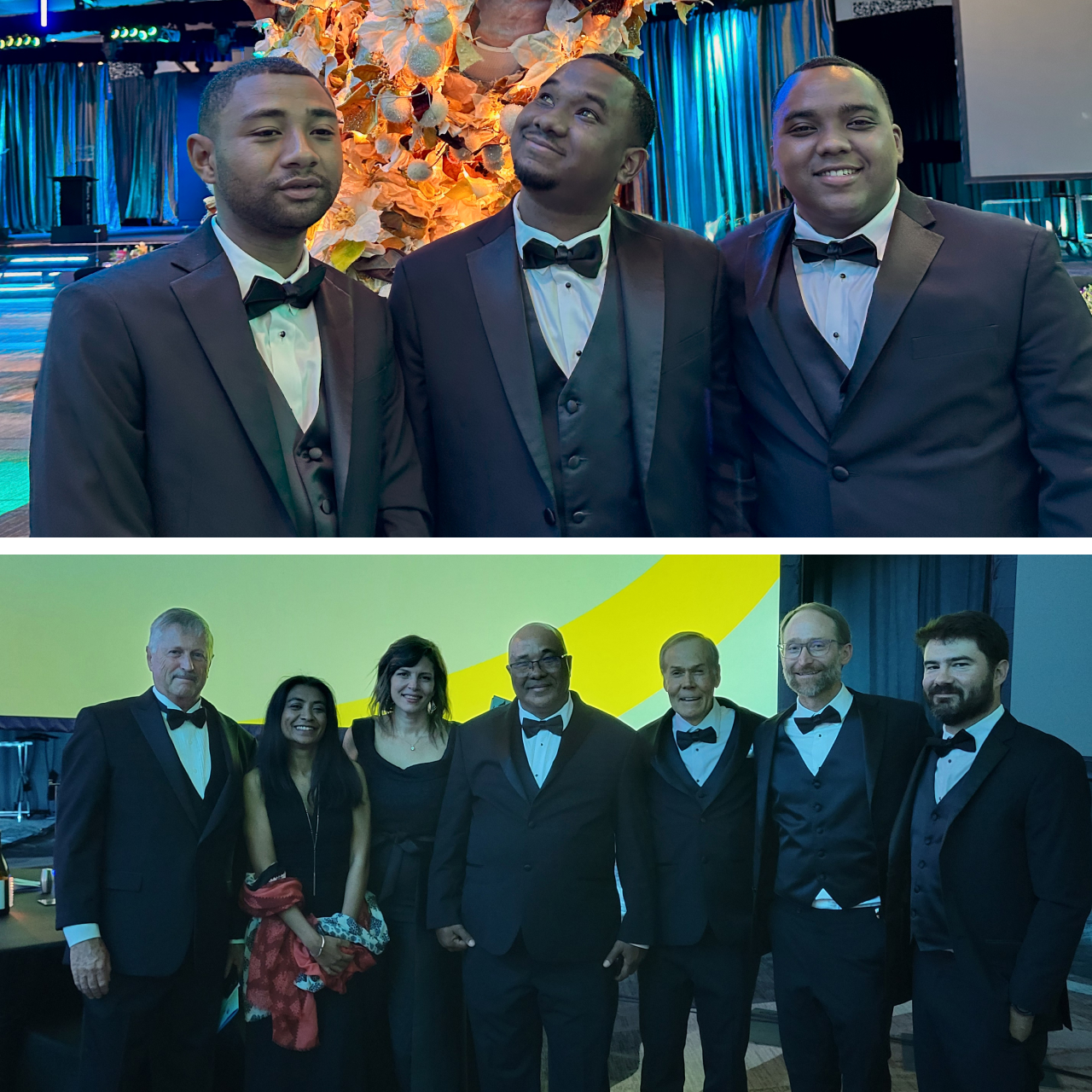 Two photos. Top shows Lily's three sons posing for a photo at the Prize Gala. Bottom shows current and former Peregrine Fund staff members posing with Lily at the Gala.