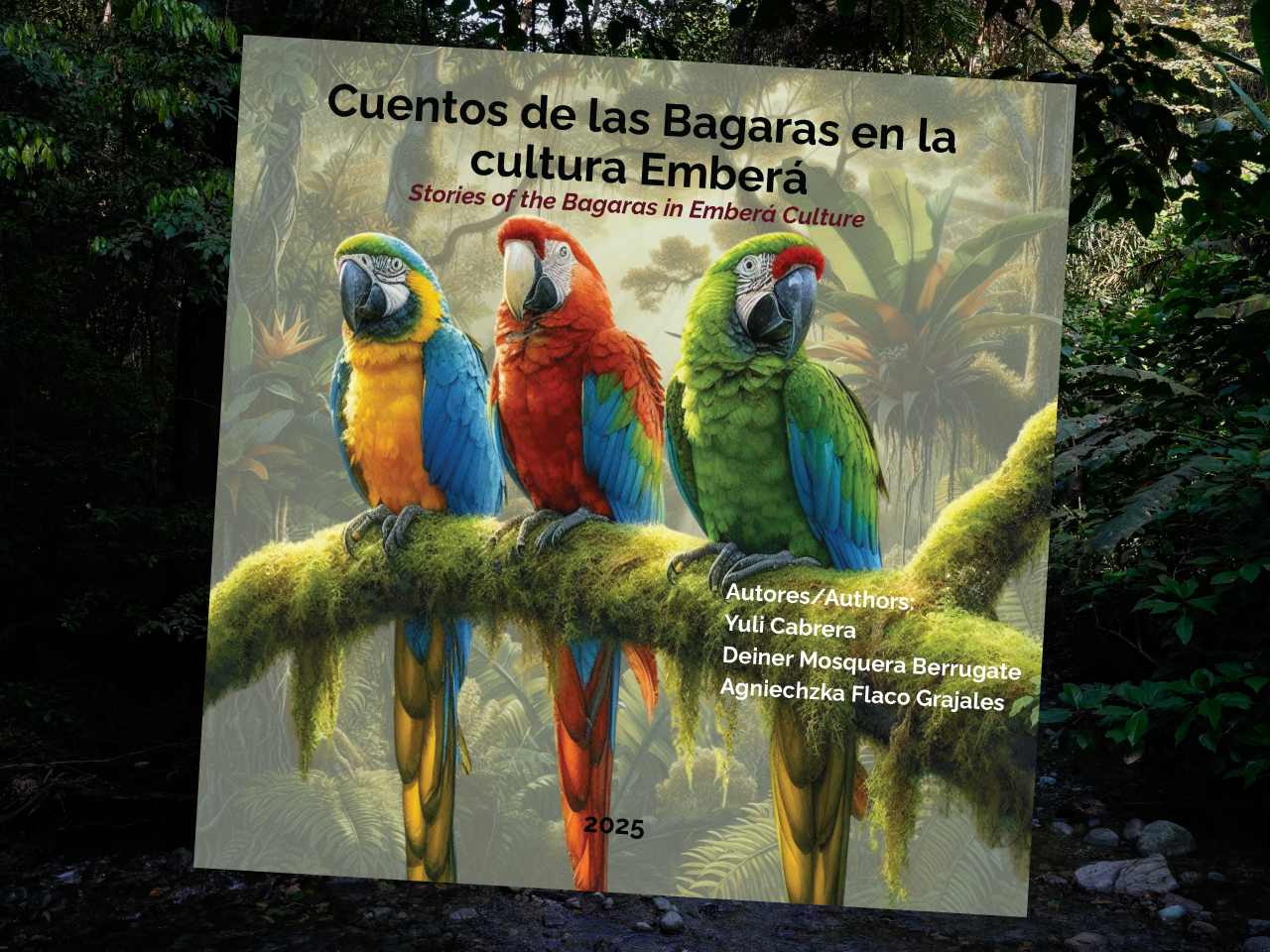 The cover of the "Stories of the Bagaras in Emberá Culture" storybook superimposed over a dark rainforest background.