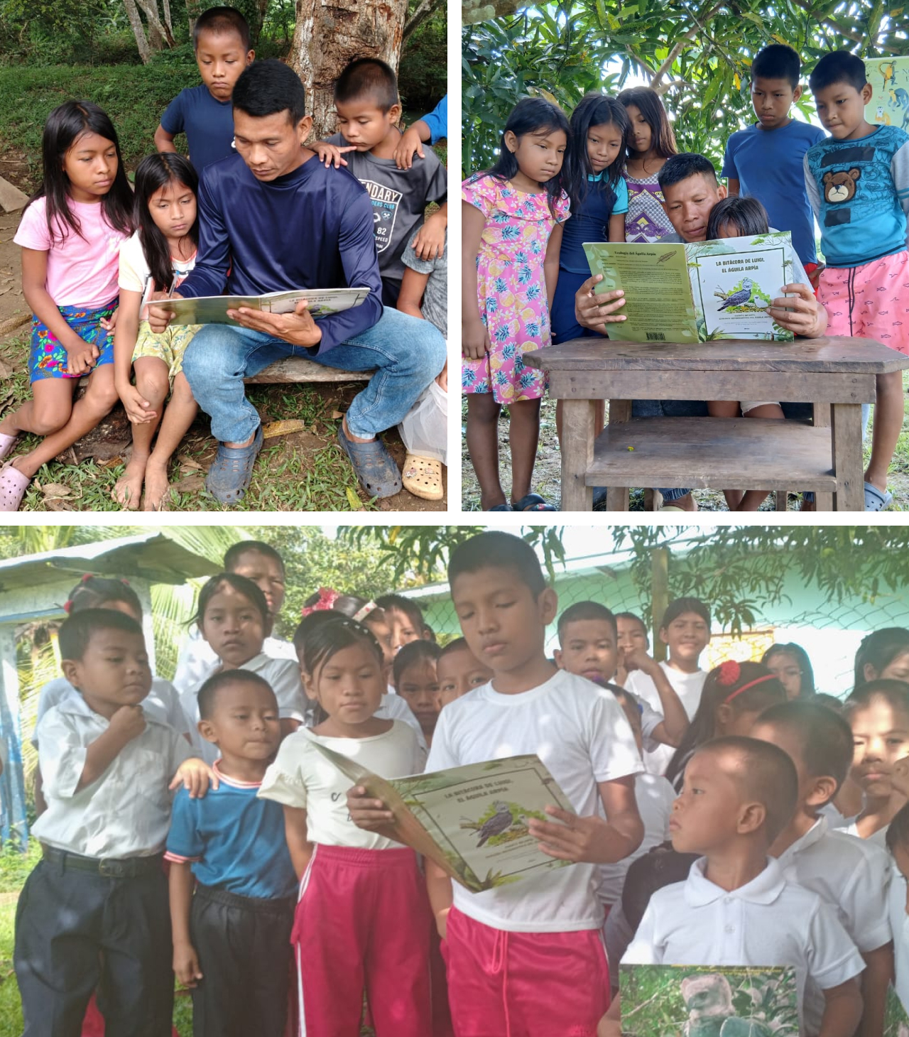 Three photos. All show local community mentors reading the book to gathered schoolchildren.
