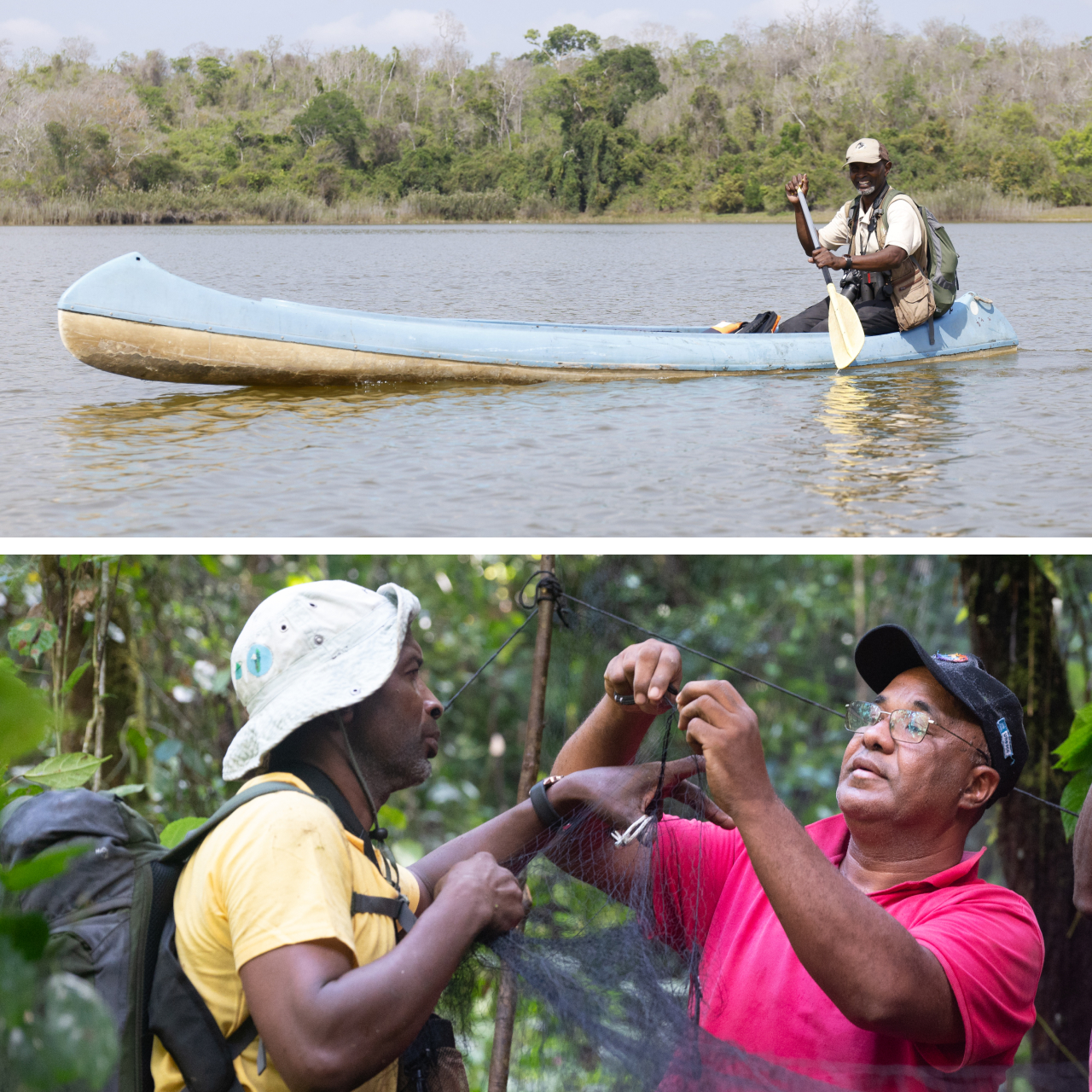 Two photos. Top shows Loukman in a fiberglass canoe smiling at the camera. Bottom shows Loukman setting up a mist net with our Madagascar Program Director Dr. Lily-Arison René de Roland.