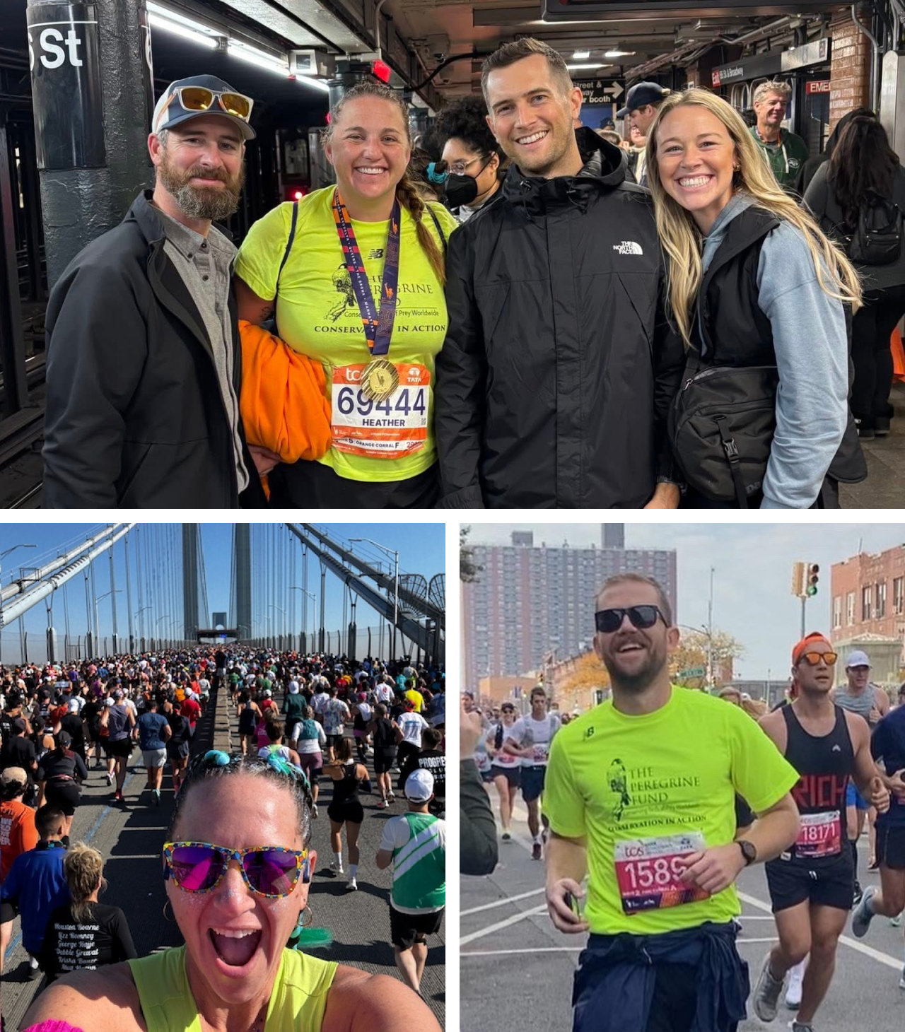 Three photos. Top shows a runner posing for a photo with friends wearing her finisher's medal. Bottom left is a selfie of a runner taken mid-race on the Verrezzano–Narrows Bridge. Bottom right is another runner smiling as he runs by the camera mid-race.