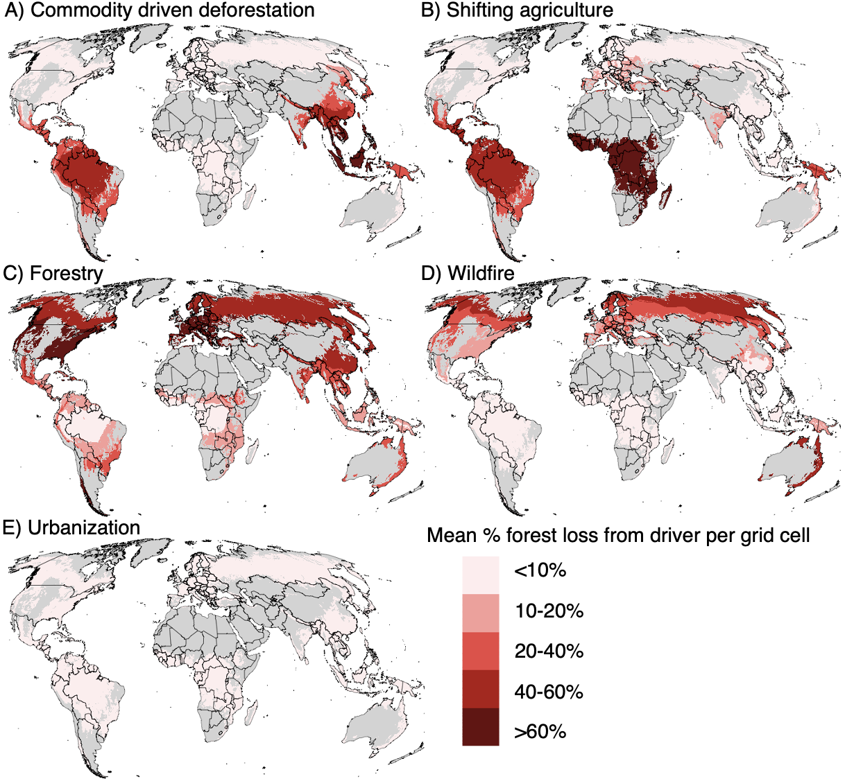 Maps of the world showing the amount of forest loss from several different causes, including forestry and urbanization.