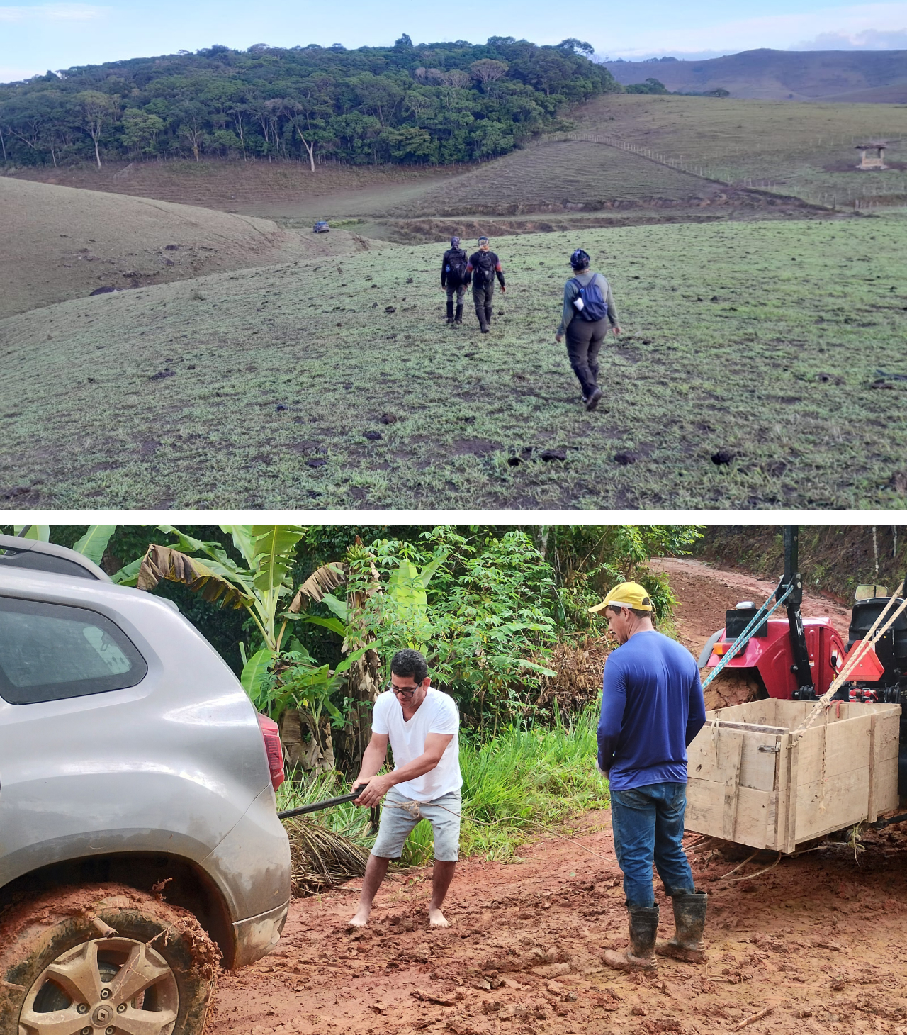 Two photos. Top shows three biologists walking across a cleared hillside towards a small forest fragment. Bottom shows two people using a tractor to tow a stuck vehicle on a muddy road.