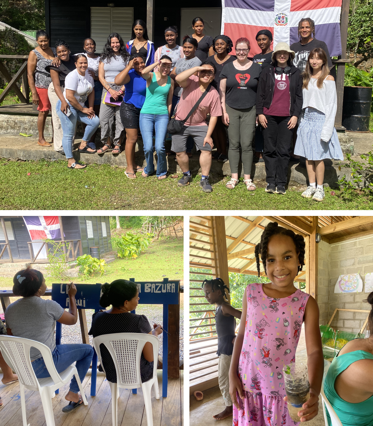 Three photos. Top shows MIT D-Lab students posing with community members in the DR. Bottom left shows community members painting signs. Bottom right shows a young girl at a community workshop.