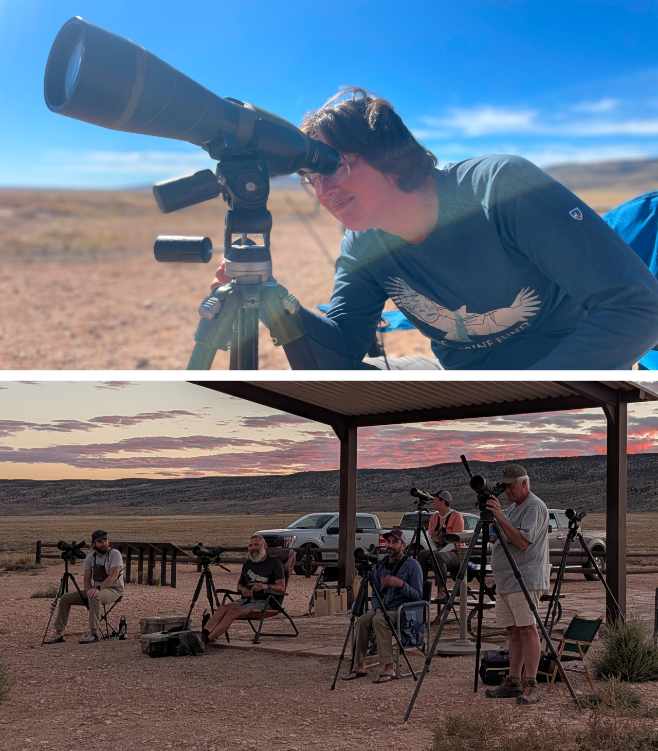 Two photos. Top shows Emma Heydenberk looking through a spotting scope. Bottom shows Emma with other members of our crew during the 2025 public release event.