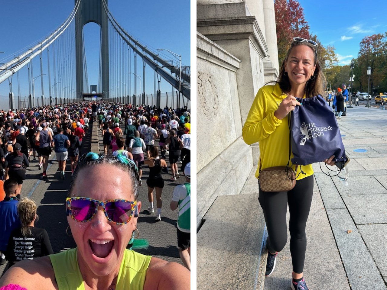 Two photos. Left is a selfie of Stacie Johnson on the Verrezzano–Narrows Bridge surrounded by other runners during the TCS NYC Marathon. Right shows Stacie posing holding a TPF bag.