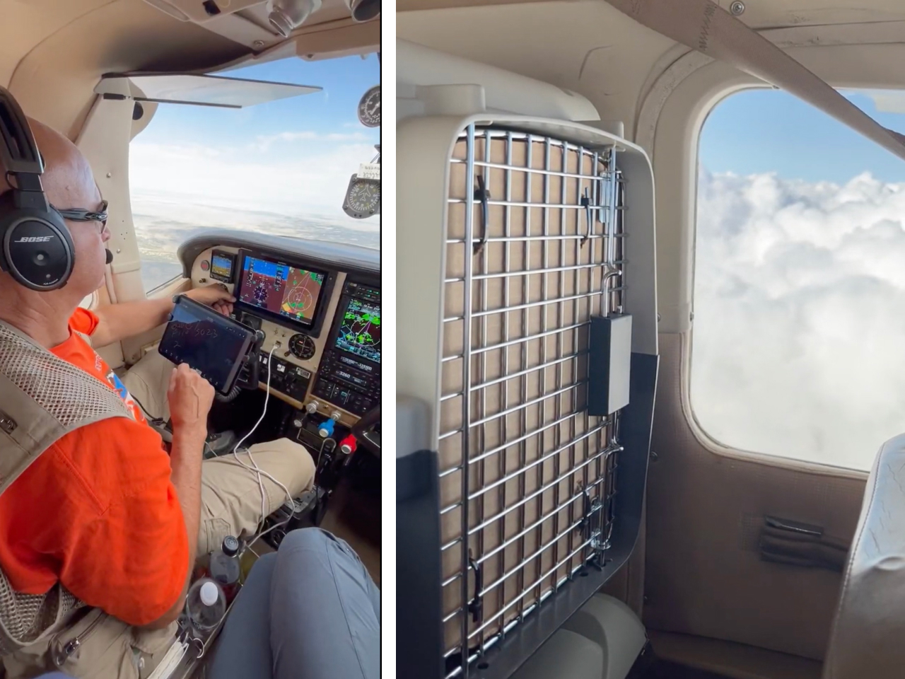 Two photos. Left shows pilot Don Reiman on a flight transporting Aplomado Falcon nestlings from Texas to Boise. Right shows a carrier containing nestlings in the plane with clouds visible outside the window.