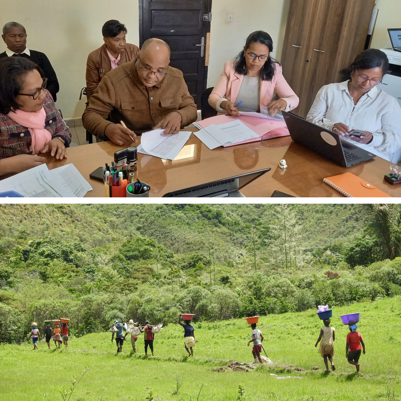 Two photos. Top shows IREMA and TPF team members signing contracts. Bottom shows a reforestation effort in Bemanevika Protected Area.