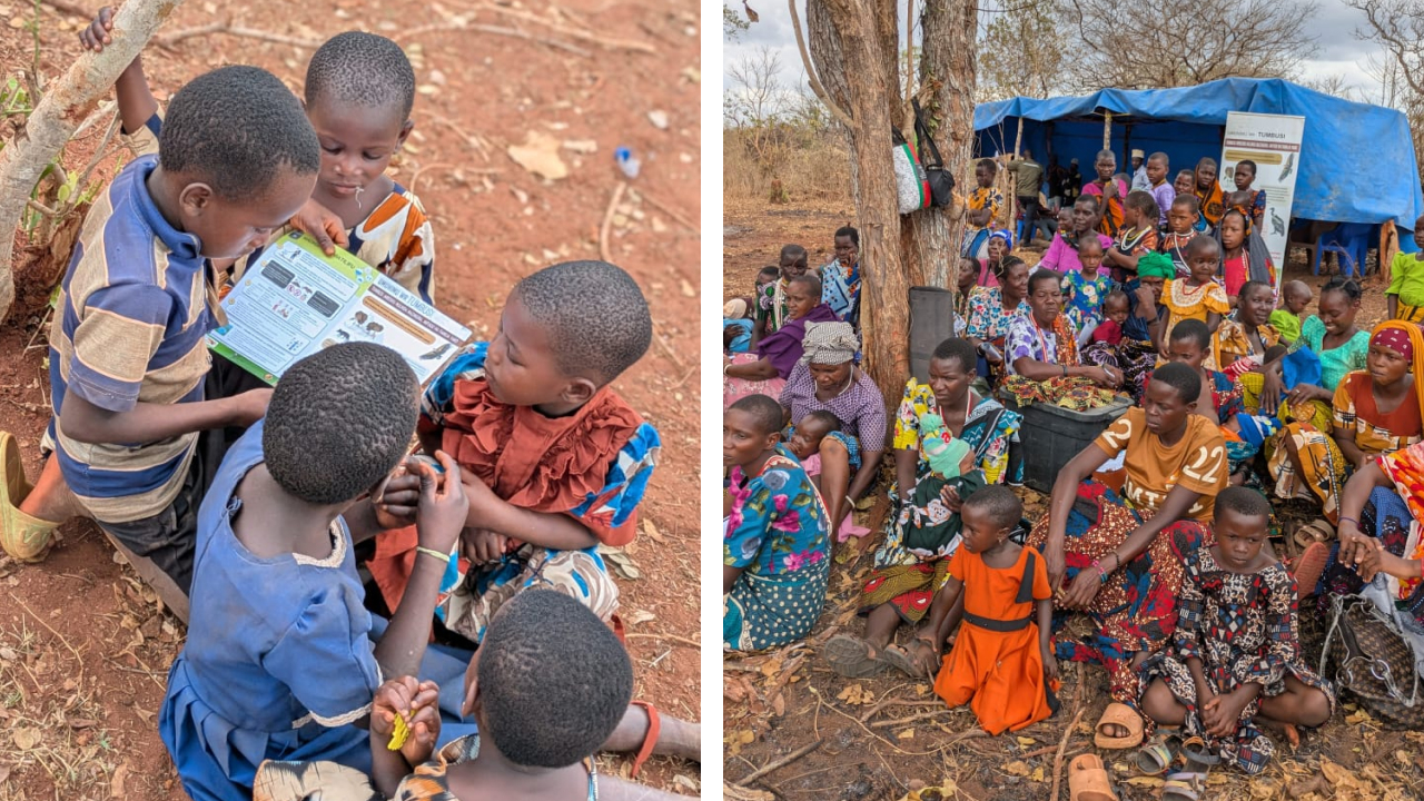 Two photos. Left is four children reading a book. Right is a large group of attendees at the IVAD event in Tanzania.