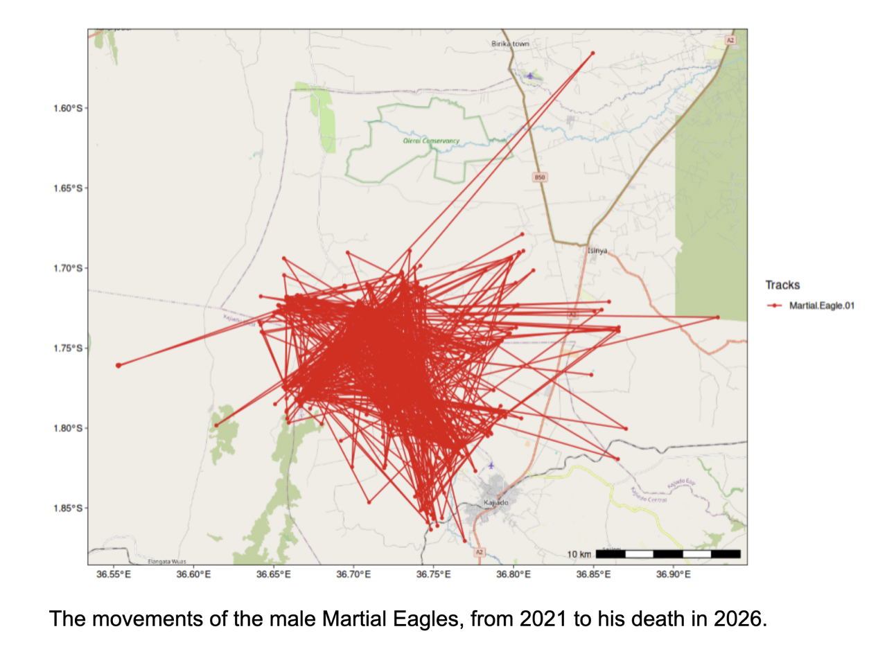 A map showing the movements of the male Martial Eagle from 2021 until his death in 2026.