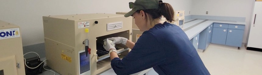 TPF Propagation Program Manager Chelsea Haitz placing an egg into an incubator.