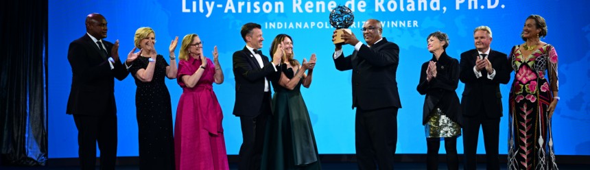 Dr. Lily-Arison René de Roland receiving the Indianapolis Prize during the 2025 Prize Gala.