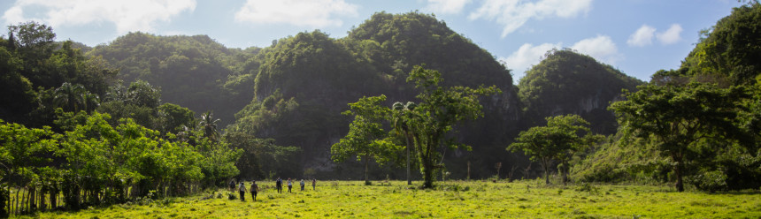 People walking in a grassy field surrounded by trees and vegetation-covered hills.