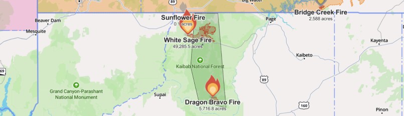 A map showing the locations of the White Sage Fire and the Dragon Bravo Fire in northern Arizona as of July 14, 2025.
