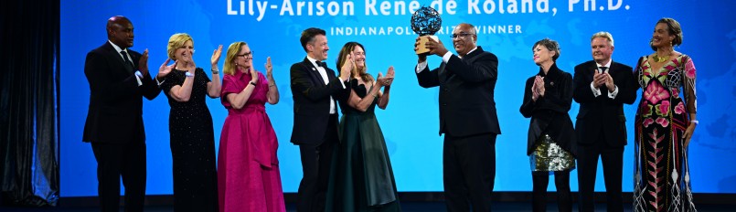 Dr. Lily-Arison René de Roland receiving the Indianapolis Prize during the 2025 Prize Gala.