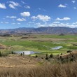 A scenic Madagascar landscape with lush agricultural fields and distant hills.