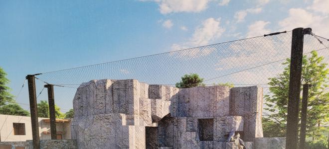 Digital rendering of the outdoor peregrine falcon exhibit that feature cliffs modeled after the local black cliffs and open skies