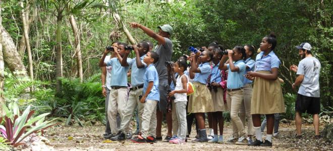 A biologist pointing at something while surrounded by a group of students, some of whom are holding binoculars