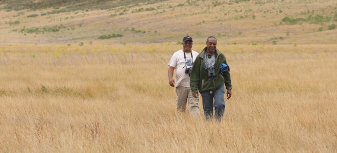 Two scientists walking across a grassland.