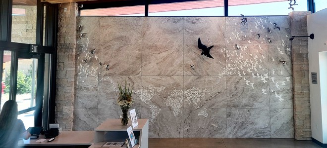The finished Inspiration Wall in the visitor's center at the World Center for Birds of Prey.