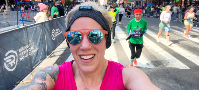 A selfie of Aimee Kessler taken in Times Square during a race.