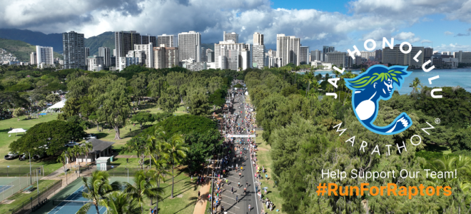 Drone footage of runners on Kalakaua Avenue during the JAL Honolulu Marathon. Overlaid is the JAL Honolulu Marathon logo and text reading "Help Support Our Team! #RunForRaptors"