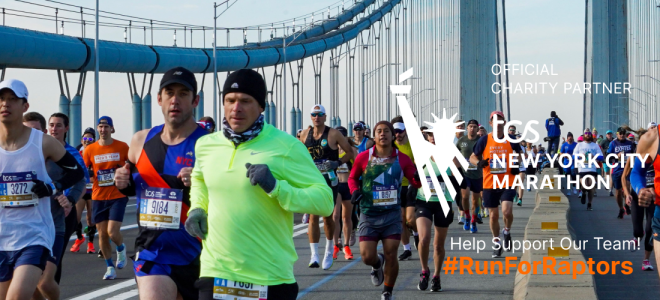 Runners crossing the Verrazzano–Narrows Bridge at the start of the TCS NYC Marathon. Overlaid is the TCS NYC Marathon official charity partner logo and text reading "Help Support Our Team! #RunForRaptors"