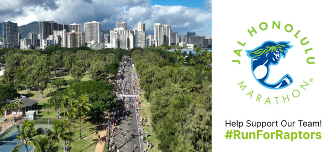 An aerial view of part of the Honolulu Marathon course and the city skyline in the background.