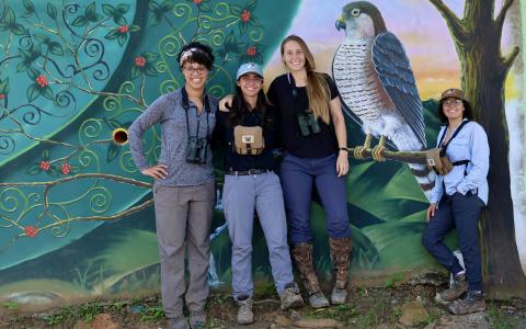 Four biologists posing in front of a mural of a Puerto Rican Sharp-shinned Hawk