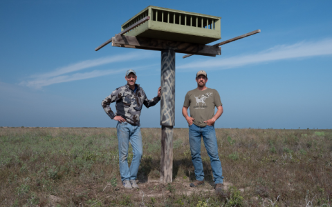 Paul Juergens and Brian Mutch stand under installed nesting structure