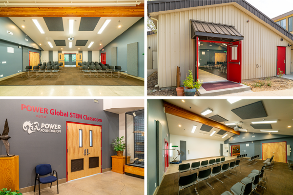 A picture collage of the Power Global STEM Classroom. Top left image is the room from front to back with chairs set up and projector overhead; Top right image is the exterior entrance to the room; Bottom left image is the main entrance to the room; Bottom right image is a side angle of the room showing the bird perch, chairs, projector and front wall.