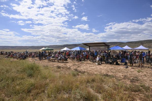 A crowd in front of a selection of pop-up tents and a long line of parked cars